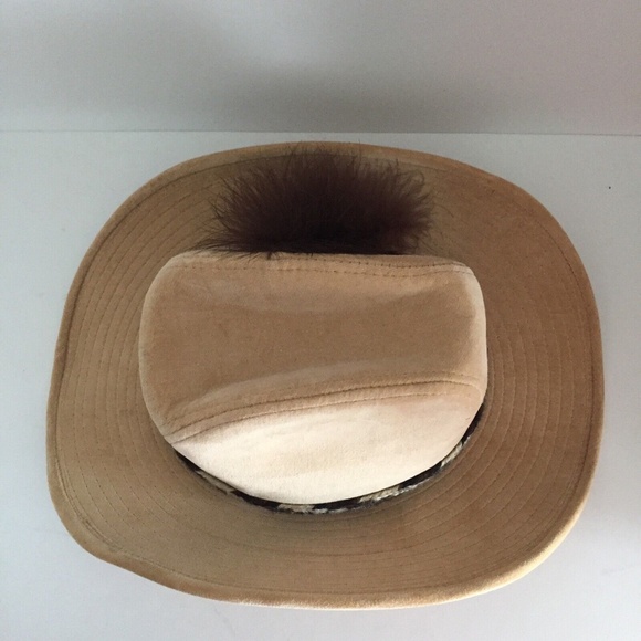 Vintage Womens Stetson Cowboy Western Hat Corduroy Cotton Feather Beige 6-3/4 - Picture 9 of 12